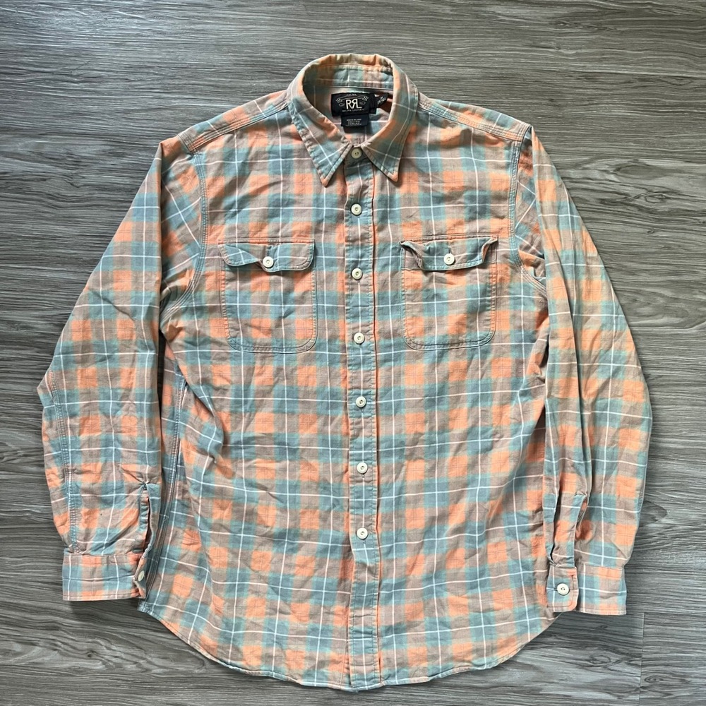 RRL Ralph Lauren Mens Plaid Flannel Shirt Peach Teal Button Down Size M